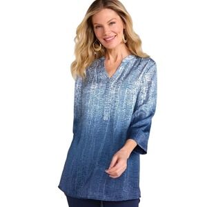Soft Surroundings Womens Brigitte Tunic Top Blue Ombre Snap Henley Medium?‎